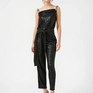 BEBE Strapless Sleeveless Halter Sequin Straight Jumpsuit Black Small Petite